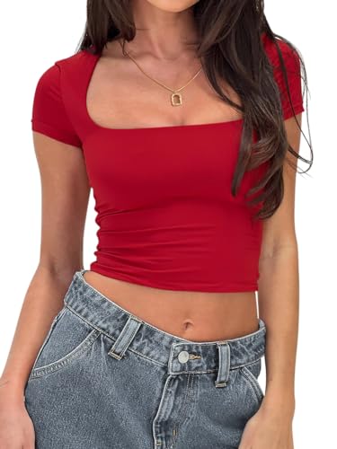 Onsoyours Damen Kurzarmshirt Y2k Tops Sexy Oberteil Einfarbig T-Shirt Quadratischem Kragen Kurzarm Crop Top Y2K Aesthetic Clothes Slim Oberteile Kurzarm Shirt A Rot XS von Onsoyours