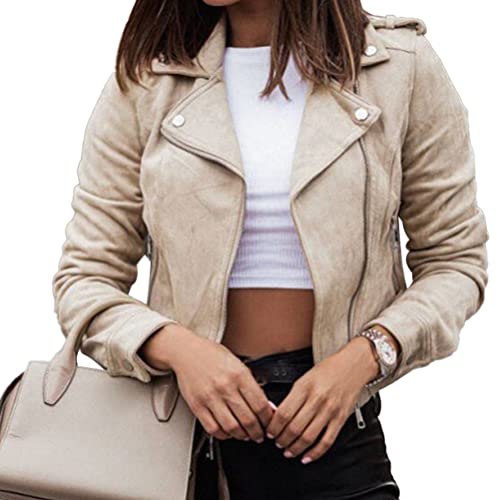 Onsoyours Damen Kurze Jacke Baumwolle Bikerjacke mit Reißverschluss Lederjacke Frauen Full Zip Herbst Frühling Motorradjacke A Mandel XL von Onsoyours