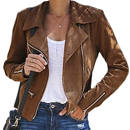 Onsoyours Damen Kurze Jacke Baumwolle Bikerjacke mit Reißverschluss Lederjacke Frauen Full Zip Herbst Frühling Motorradjacke Khaki XL von Onsoyours