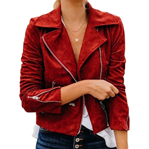 Onsoyours Damen Kurze Jacke Baumwolle Bikerjacke mit Reißverschluss Lederjacke Frauen Full Zip Herbst Frühling Motorradjacke Rot M von Onsoyours