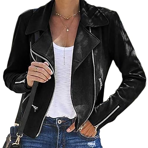 Onsoyours Damen Kurze Jacke Baumwolle Bikerjacke mit Reißverschluss Lederjacke Frauen Full Zip Herbst Frühling Motorradjacke Schwarz S von Onsoyours