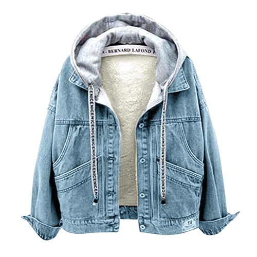 Onsoyours Damen Kurze Jeansjacke Winterjacke mit Fell Langarm Mantel Warme Fleecejacke mit Kapuze Herbst und Winter Outwear mit Taschen A1 Blau L von Onsoyours