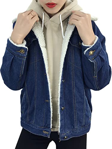 Onsoyours Damen Kurze Jeansjacke Winterjacke mit Fell Langarm Mantel Warme Fleecejacke mit Kapuze Herbst und Winter Outwear mit Taschen A2 Blau L von Onsoyours