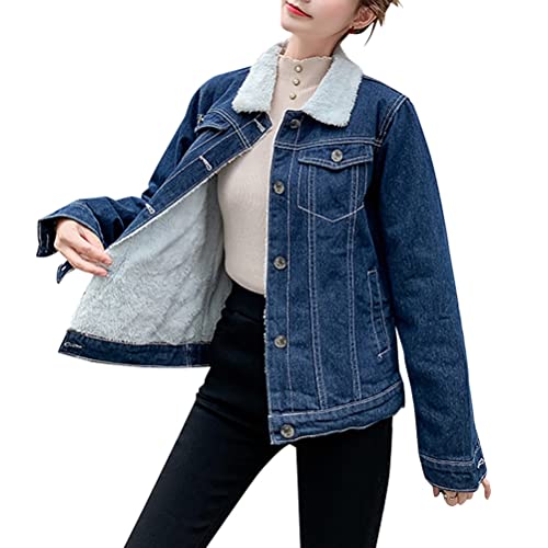 Onsoyours Damen Kurze Jeansjacke Winterjacke mit Fell Langarm Mantel Warme Fleecejacke mit Kapuze Herbst und Winter Outwear mit Taschen A3 Blau S von Onsoyours