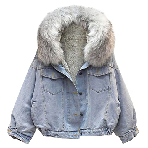 Onsoyours Damen Kurze Jeansjacke Winterjacke mit Fell Langarm Mantel Warme Fleecejacke mit Kapuze Herbst und Winter Outwear mit Taschen B Grau S von Onsoyours