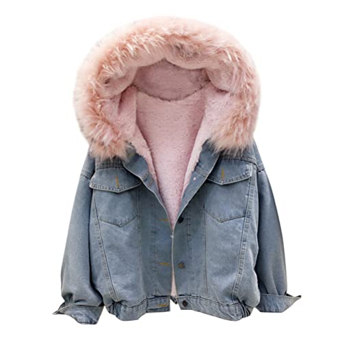Onsoyours Damen Kurze Jeansjacke Winterjacke mit Fell Langarm Mantel Warme Fleecejacke mit Kapuze Herbst und Winter Outwear mit Taschen B Rosa XXL von Onsoyours