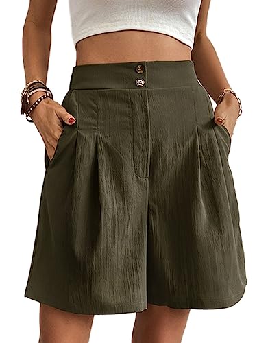 Onsoyours Damen Kurze Sommershort Einfarbig Shorts mit Hoher Taille Elegant Kurzhose Breites Shorts Bein Casual Luftig Short mit Reißverschluss und Knopf A Armeegrün M von Onsoyours