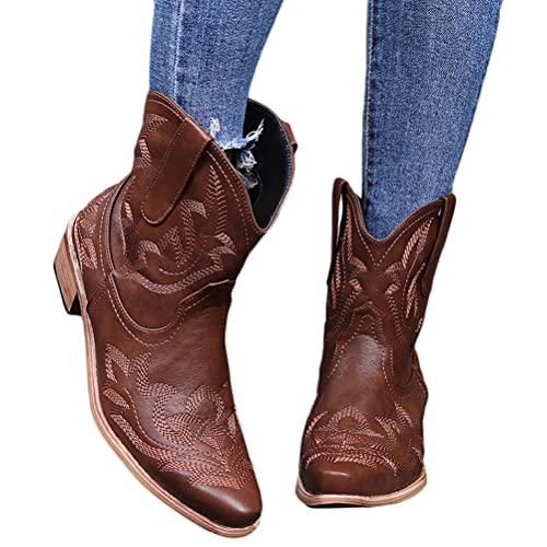 Onsoyours Damen Kurze Stiefel Bestickte Ankle Boots Stiefeletten Schlupfstiefel Retro Gestickte Cowboystiefel Herbst Winter Freizeitschuhe A Braun 39 EU von Onsoyours