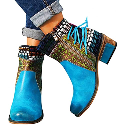 Onsoyours Damen Kurze Stiefel Stiefeletten mit Absatz Vintage Reißverschluss Biker Boots für Frauen mit Absatz Ankle Boots Winterstiefel Knöchelschuhe Blau 42 EU von Onsoyours