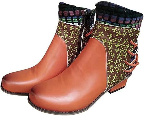 Onsoyours Damen Kurze Stiefel Stiefeletten mit Absatz Vintage Reißverschluss Biker Boots für Frauen mit Absatz Ankle Boots Winterstiefel Knöchelschuhe Orange 39 EU von Onsoyours