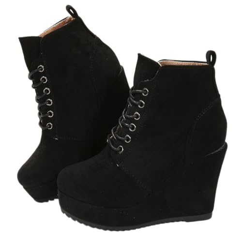 Onsoyours Damen Kurze Stiefel mit Schrägabsatz Runde Zehe Plattform Stiefel Dicker Boden Kurze Ankle Boot Warm Plüsch Winterstiefel A Schwarz 39 EU von Onsoyours