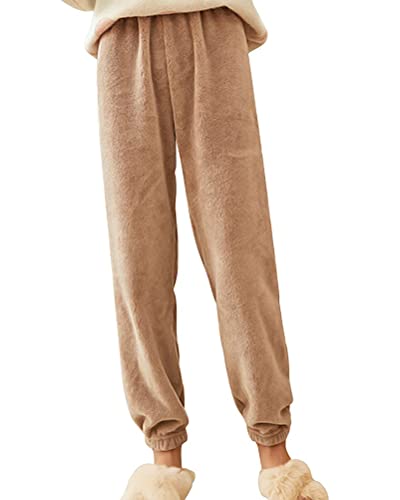 Onsoyours Damen Kuschelhose Flauschig Warm Fleecehose Gefütterte Verdickte Thermohose Sweatpants Elastische Taille Fleece Plüsch Dicke Schlafanzughose Hellbraun L von Onsoyours