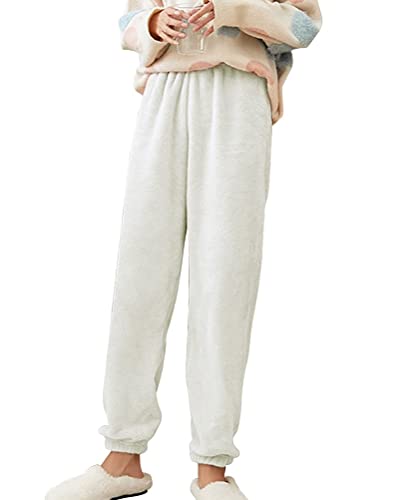 Onsoyours Damen Kuschelhose Flauschig Warm Fleecehose Gefütterte Verdickte Thermohose Sweatpants Elastische Taille Fleece Plüsch Dicke Schlafanzughose Weiß M von Onsoyours