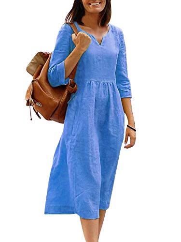 Onsoyours Damen Lässiges Baumwoll-Leinenkleid Summer Solid Plus Size Lose Kleider Damen Elegantes Langarm-Midikleid Blau M von Onsoyours