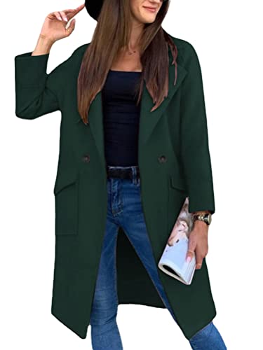 Onsoyours Damen Lang Blazer Winter Revers Wollmantel Elegant Trench Jacke Lange Parka Overcoat Outwear Mantel Langarm Blazer Sakko Einfarbig Slim Fit Jacke B Grün L von Onsoyours