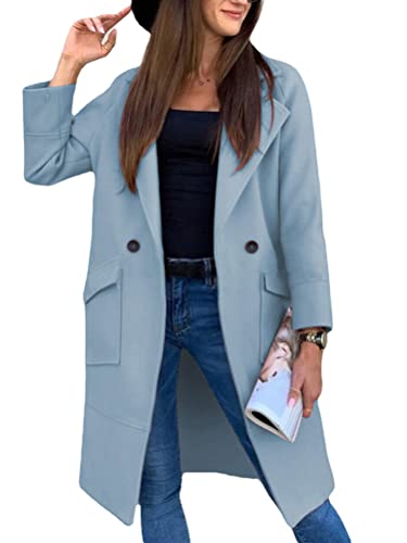 Onsoyours Damen Lang Blazer Winter Revers Wollmantel Elegant Trench Jacke Lange Parka Overcoat Outwear Mantel Langarm Blazer Sakko Einfarbig Slim Fit Jacke B Hellblau M von Onsoyours