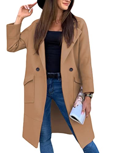 Onsoyours Damen Lang Blazer Winter Revers Wollmantel Elegant Trench Jacke Lange Parka Overcoat Outwear Mantel Langarm Blazer Sakko Einfarbig Slim Fit Jacke B Khaki XXL von Onsoyours