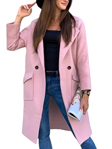 Onsoyours Damen Lang Blazer Winter Revers Wollmantel Elegant Trench Jacke Lange Parka Overcoat Outwear Mantel Langarm Blazer Sakko Einfarbig Slim Fit Jacke B Rosa M von Onsoyours