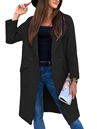 Onsoyours Damen Lang Blazer Winter Revers Wollmantel Elegant Trench Jacke Lange Parka Overcoat Outwear Mantel Langarm Blazer Sakko Einfarbig Slim Fit Jacke B Schwarz L von Onsoyours