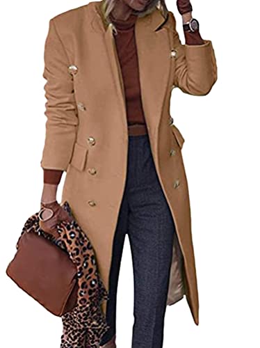 Onsoyours Damen Lang Blazer Winter Revers Wollmantel Trench Jacke Lange Parka Overcoat Outwear Elegant Langarm Blazer Sakko Einfarbig Slim Fit Blazerjacke Khaki 3XL von Onsoyours