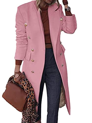 Onsoyours Damen Lang Blazer Winter Revers Wollmantel Trench Jacke Lange Parka Overcoat Outwear Elegant Langarm Blazer Sakko Einfarbig Slim Fit Blazerjacke Rosa 3XL von Onsoyours