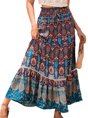 Onsoyours Damen Lang Boho Blumen Rock Hoher Taille Sommerrock Elegant Elastischer A Linie Rock Freizeitrock Geteilte Midirock Strandrock Freizeitrock A Blau M von Onsoyours