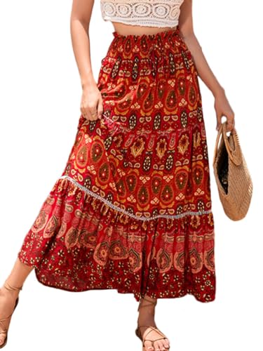 Onsoyours Damen Lang Boho Blumen Rock Hoher Taille Sommerrock Elegant Elastischer A Linie Rock Freizeitrock Geteilte Midirock Strandrock Freizeitrock A Rot L von Onsoyours