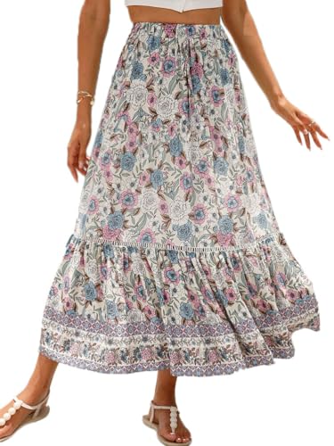 Onsoyours Damen Lang Boho Blumen Rock Hoher Taille Sommerrock Elegant Elastischer A Linie Rock Freizeitrock Geteilte Midirock Strandrock Freizeitrock B Aprikose M von Onsoyours