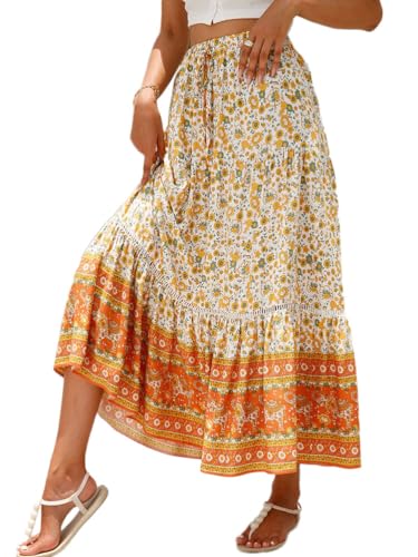 Onsoyours Damen Lang Boho Blumen Rock Hoher Taille Sommerrock Elegant Elastischer A Linie Rock Freizeitrock Geteilte Midirock Strandrock Freizeitrock B Orange XL von Onsoyours