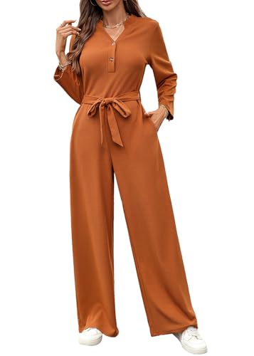 Onsoyours Damen Lang Jumpsuit Casual Lose Latzhose Elegant Langarm Overall Knöpfe Playsuit High Waist Romper Mit Taschen Gürtel A Braun L von Onsoyours