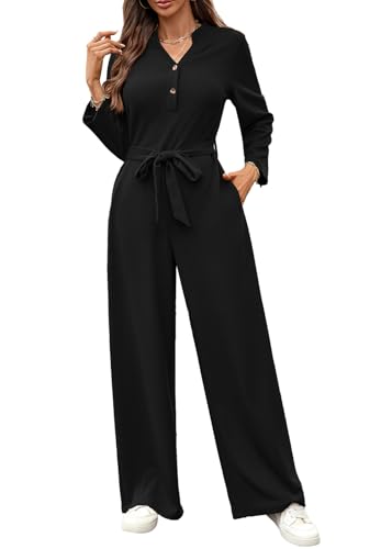 Onsoyours Damen Lang Jumpsuit Casual Lose Latzhose Elegant Langarm Overall Knöpfe Playsuit High Waist Romper Mit Taschen Gürtel A Schwarz M von Onsoyours