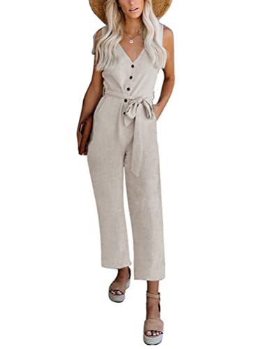 Onsoyours Damen Lang Jumpsuit Sommer Casual Lose Latzhose Elegant Schulterfrei Overall Knöpfe Playsuit Romper Mit Taschen Mit Gürtel Beige 3XL von Onsoyours