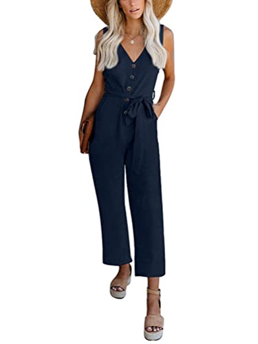 Onsoyours Damen Lang Jumpsuit Sommer Casual Lose Latzhose Elegant Schulterfrei Overall Knöpfe Playsuit Romper Mit Taschen Mit Gürtel Blau L von Onsoyours