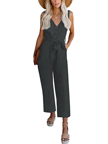 Onsoyours Damen Lang Jumpsuit Sommer Casual Lose Latzhose Elegant Schulterfrei Overall Knöpfe Playsuit Romper Mit Taschen Mit Gürtel Grau L von Onsoyours