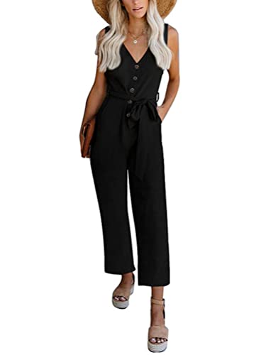 Onsoyours Damen Lang Jumpsuit Sommer Casual Lose Latzhose Elegant Schulterfrei Overall Knöpfe Playsuit Romper Mit Taschen Mit Gürtel Schwarz L von Onsoyours