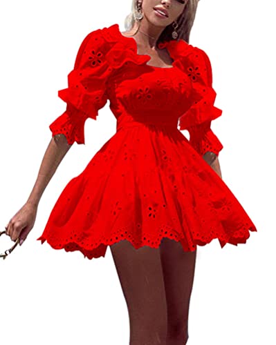 Onsoyours Damen Langarm/Kurzarm V-Ausschnitt Retro Sommer Spitzen Strandkleid Hohles Kleid Minikleid Boho Sommerkleid Elegant Casual A-Linie Kleid B Rot XL von Onsoyours