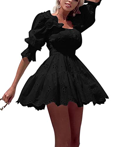 Onsoyours Damen Langarm/Kurzarm V-Ausschnitt Retro Sommer Spitzen Strandkleid Hohles Kleid Minikleid Boho Sommerkleid Elegant Casual A-Linie Kleid B Schwarz XS von Onsoyours