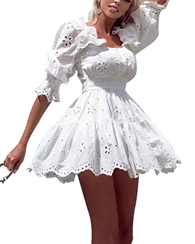 Onsoyours Damen Langarm/Kurzarm V-Ausschnitt Retro Sommer Spitzen Strandkleid Hohles Kleid Minikleid Boho Sommerkleid Elegant Casual A-Linie Kleid B Weiß XS von Onsoyours