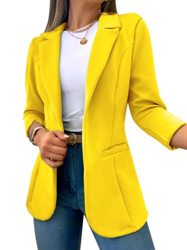 Onsoyours Damen Langarm Blazer Vorne Offener Anzugjacke Reverskragen Schlank Langarm Büro Blazer Frühling & Herbst Offener Revers Frauen Jacke A Gelb XL von Onsoyours