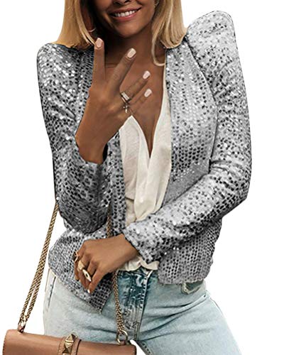 Onsoyours Damen Langarm Herbst Paillette Business Slim Outwear Blazer Bolero Glitter Mantel Cardigan Oberteil Tops Party Outfits Clubwear (42, Silber) von Onsoyours