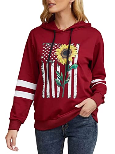 Onsoyours Damen Langarm Hoodie Sun Flower Drucken Leichtes Sweatshirt Leichter Kapuzenpullover A Rot L von Onsoyours