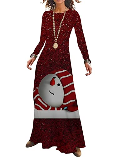 Onsoyours Damen Langarm Loose Plus Size Maxikleider Lässige Langkleider Weihnachten Kleid Tunika Weihnachtsdruck Kleid Rundhals Langarm Maxikleid Weihnachtskleid Weihnachten 25 XL von Onsoyours
