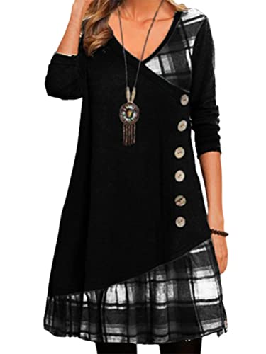 Onsoyours Damen Langarm Pulloverkleid Kariertes Kleid Rollkragen Strickkleid A-Linie Sweater Herbstkleid Lose Kleider Pullover Kleid Für Winter Herbst A Schwarz S von Onsoyours