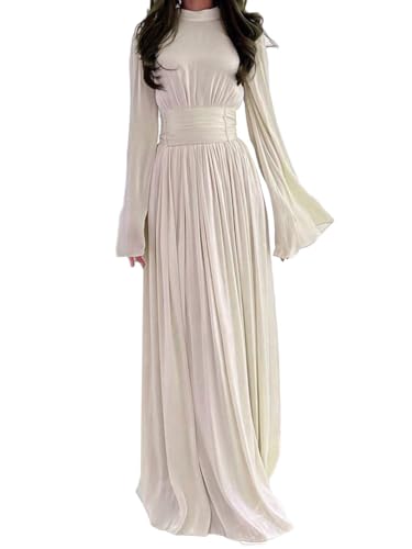 Onsoyours Damen Langarm Rundhals Maxikleid Elegant Kleider Plissee Maxikleid Wickelkleid Einfarbig A-Linie Tunika Kleid mit Gürtel Hohe Taille Swing Partykleid B Beige XXL von Onsoyours