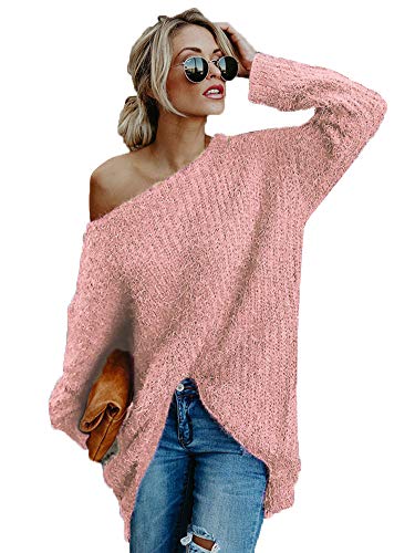 Onsoyours Damen Langarm Schulterfrei Oversize Tshirts Jumper Lose Sweatshirt Bluse Pullover Oberteil Tops Hemd Langarmshirts Damen Herbst Blusen Oberteile Casual (XXL, Rosa) von Onsoyours