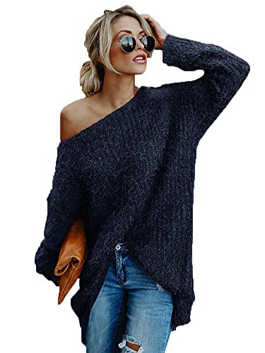 Onsoyours Damen Langarm Schulterfrei Oversize Tshirts Jumper Lose Sweatshirt Bluse Pullover Oberteil Tops Hemd Langarmshirts Damen Herbst Blusen Oberteile Casual Blau XXL von Onsoyours