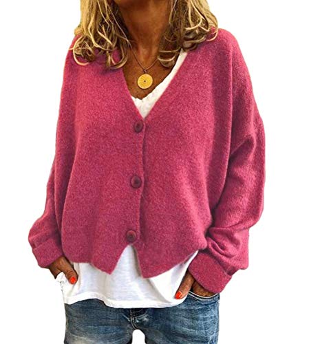 Onsoyours Damen Langarm Strick Mantel Pullover Elegant Strickjacke Winter Cardigan Knit Sweater Einfarbig Mantel Sweater Bluse Winter Cardigan Tops B Rosa XXL von Onsoyours
