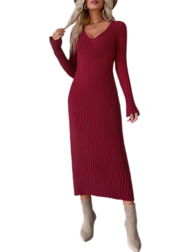 Onsoyours Damen Langarm Strickkleid Elegant Einfarbig Kleider Mit V-Ausschnitt Figurbetontes Kleid Lang Rippenstrick Kleid Pullover Kleid Herbst Winter Kleid A Burgunderrot M von Onsoyours