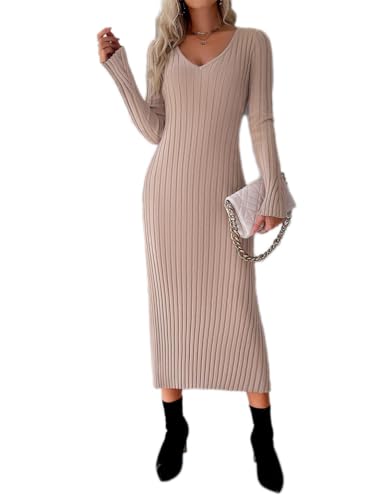 Onsoyours Damen Langarm Strickkleid Elegant Einfarbig Kleider Mit V-Ausschnitt Figurbetontes Kleid Lang Rippenstrick Kleid Pullover Kleid Herbst Winter Kleid A Khaki L von Onsoyours