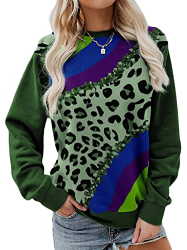 Onsoyours Damen Langarm Sweatshirt Leopard Patchwork Print Geometrisches Muster Casual Rundhals Sweatshirt Pullover Bluse Casual Oberteile Tops A Armee Grün XL von Onsoyours